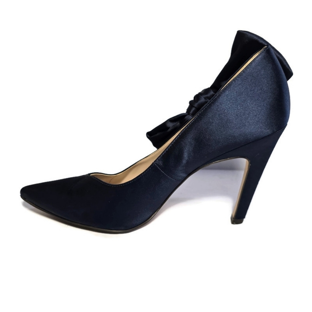 Nine West Blue Satin Oversized Bow Pumps Stilettos Heels Sz 8.5 Pointed - Picture 9 of 16